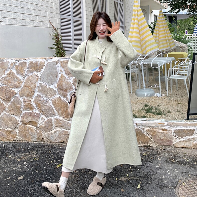 高级小众韩系chic绿色立领毛呢外套女秋冬2025年超火好看长款大衣,女装毛呢外套,红龙果