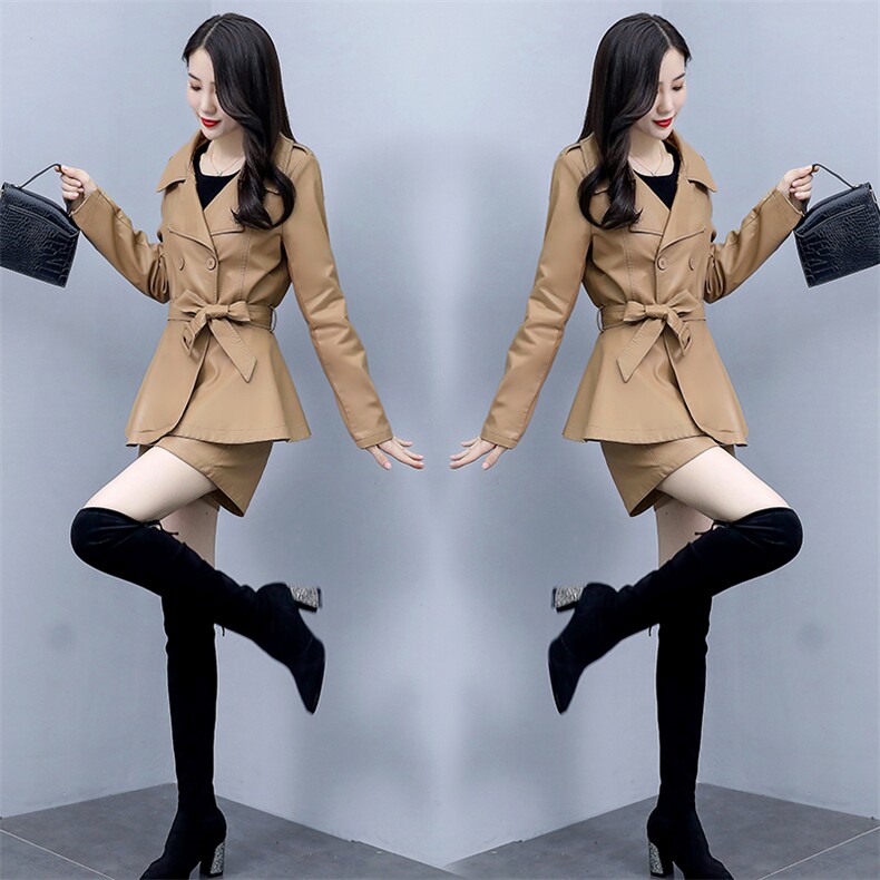 套裤女2021年冬季新款时尚减龄通勒百搭街头PU两件套,女装职业装,韩美纤衣