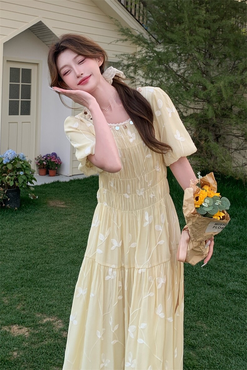 夏季新品！重工刺绣度假风甜美连衣裙85108黄色-208A-P130-K250,女装连衣裙,浙宝208A