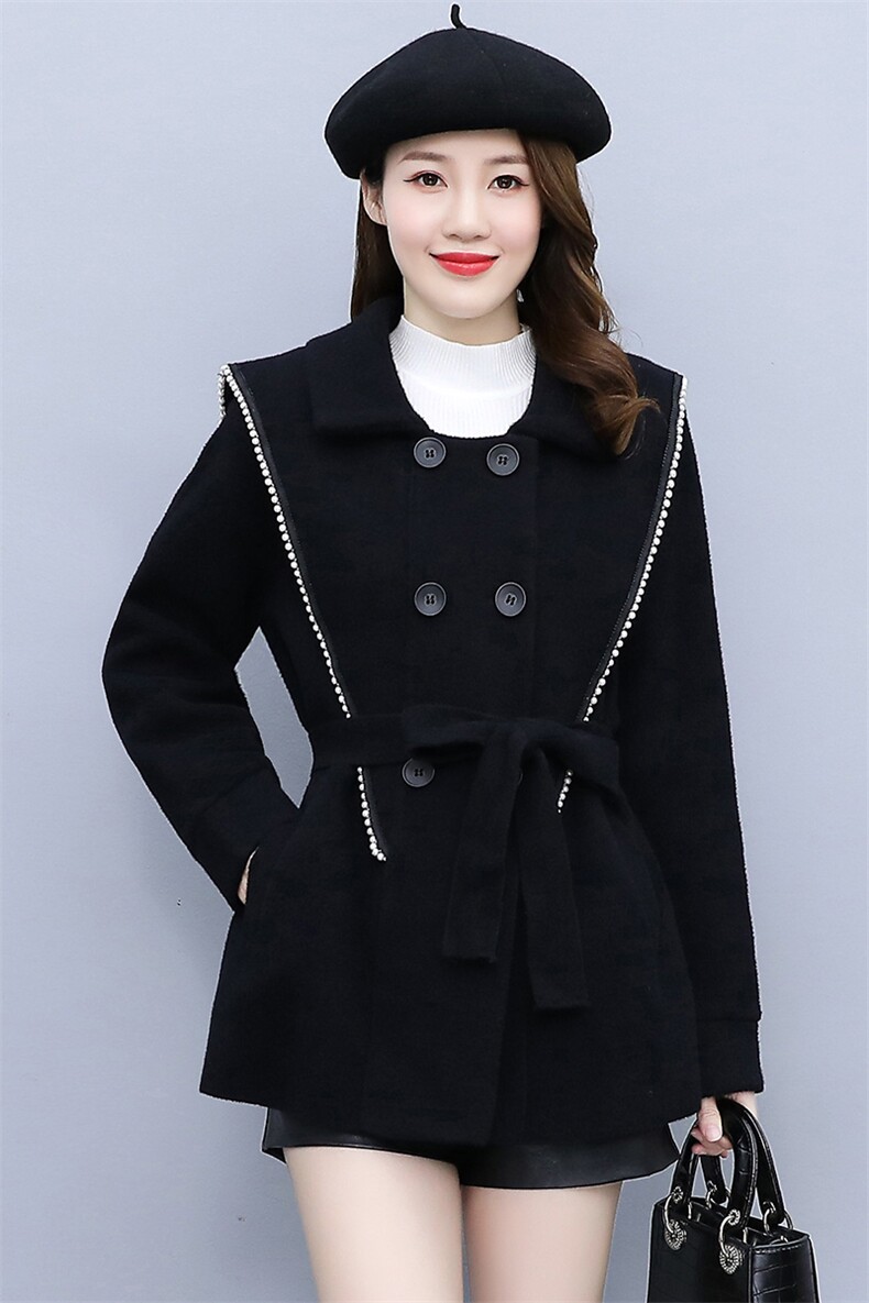 双面绒外套女短款韩版新款2021年秋冬修身黑色显瘦外套,女装毛呢外套,香水丽阁