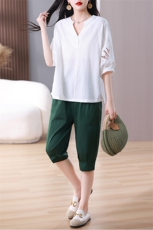 休闲运动套装女夏短袖运动服洋气七分裤时尚高级感妈妈装两件套，女装套装/套裙，涵誉