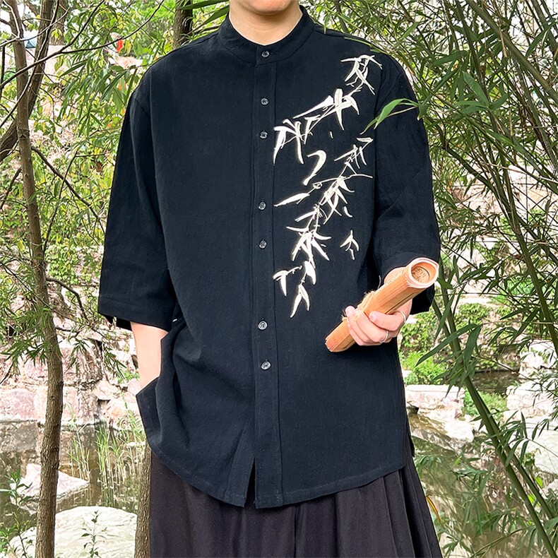 风24夏季新款大码男士竹叶肩膀刺绣中袖棉麻衬衫T29-P65-控78,男装衬衫,电商A021