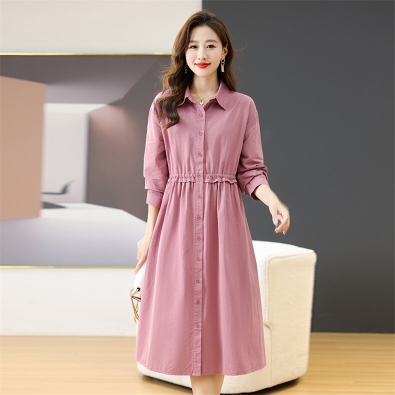 长袖连衣裙女2025春秋新款复古气质文艺收腰显瘦小个子棉麻衬衫裙，女装连衣裙，芙芮