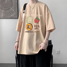 YT26322-P30亚麻短袖t恤男大码五分袖男宽松七分袖大皂风模特，男装T恤，电商A040