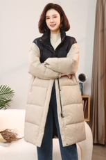 韩版撞色拼接立领中长款羽绒服2022冬装新款，女装羽绒服，小林双子