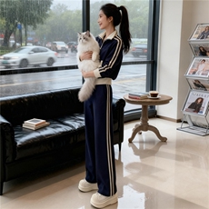 潮牌立领时尚运动套装女秋新款开衫拼接条纹短款外套阔腿裤两件套，女装套装/套裙，2C310