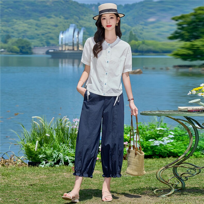 花边领夏季薄款上衣女撞色扣子透气纯棉衬衫宽松休闲松紧下摆,女装衬衫,梦懿尔