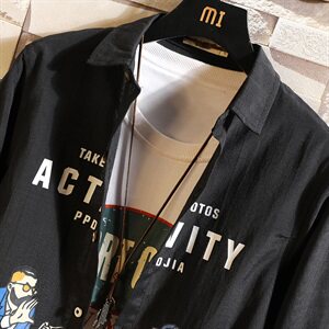 2021春秋季新款日系白墙男印花休闲宽松大码衬衫C551-P45图片