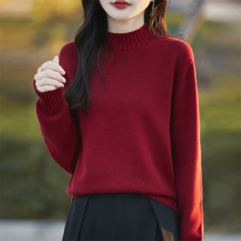 纯棉线半高领加厚针织衫女2024冬季宽松慵懒风开叉毛衣纯色打底衫,针织衫/毛衣,彩羽羊绒