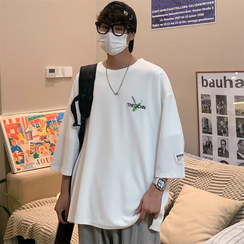 翻拍冰丝T恤2025夏装日系羽毛刺绣七分袖短袖T恤男加肥加大码图片