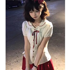 学院风显瘦套装裙女夏季2025新款娃娃领短袖衬衫+百褶短裙两件套，男装T恤，星座506A