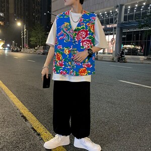 秋新东北大花布马甲修身背心马甲坎肩盘扣演出服男女大码外衣MJ02图片
