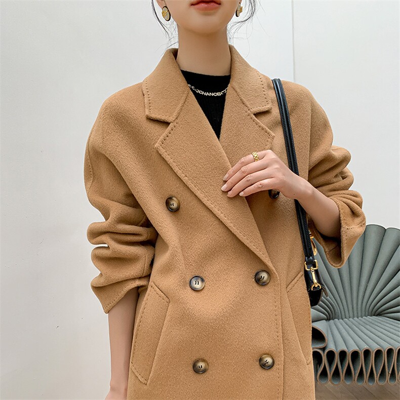801唐晶双面羊绒大衣女100羊毛中长款宽松茧型过膝赫本风呢外套,女装双面呢大衣,荣图大衣