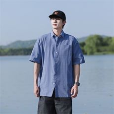 夏装短袖蓝色格子衬衫男潮流百搭宽松短袖衬衣CS606P28，男装T恤，电商C323