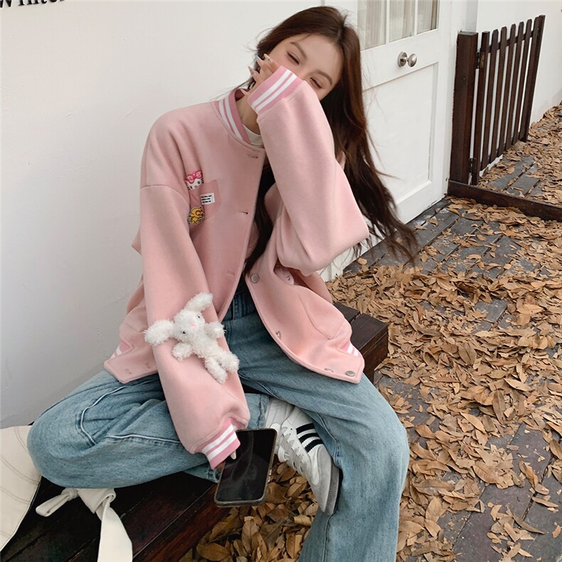 雪景甜美粉色毛呢棒球服（玩偶可拆卸）,女装毛呢外套,天使之佳话