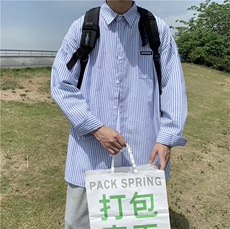 港风宽松条纹衬衫男长袖韩版帅气衬衣春秋季ins潮牌外套C755-p33，男装衬衫，星座1008-1