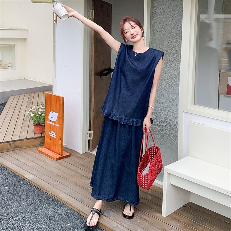 老钱风穿搭薄款牛仔无袖背心套装女夏新款休闲显瘦半身裙两件套,女装套装/套裙,浙宝305