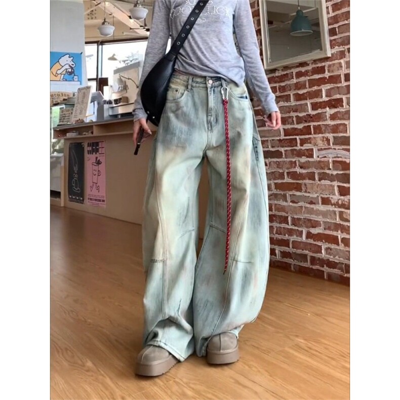 大码美式高街复古弯刀牛仔裤女早秋季新款胖MM显瘦宽松阔腿拖地裤,男装牛仔裤,星座506A