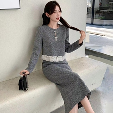 2025秋季新款泡泡袖烫钻荷叶边外套小香风套装时尚半身裙两件套，女装套装/套裙，心心服饰