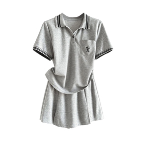 欧货时尚套装裙女夏季新款显瘦刺绣小马Polo领短袖上衣裤裙两件套图片