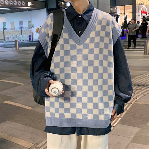 ！2023秋冬新款男士格子毛衣背心简约潮流无袖针织衫MX02P60,男装背心/马甲,电商B220