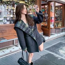 秋冬新款撞色拼接纹领双面羊绒大衣女中长款韩版系带羊毛呢外套女，女装毛呢外套，2C220