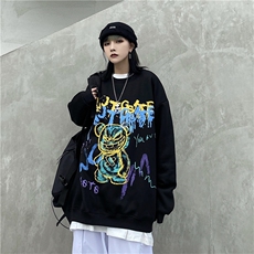 嘻哈潮流蹦迪涂鸦小熊印花宽松圆领百搭加绒卫衣E712-P55，男装卫衣，星座911-2(原星座613-2）