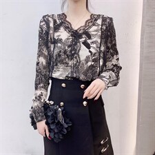 秋冬新款蕾丝花边V领衬衫，女装衬衫，青橙愫