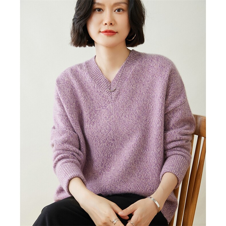 时尚花纱不规则下摆35%羊绒衫显瘦百搭V领毛衣,女装羊绒衫,迎冬羊绒