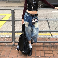美式设计感复古破洞阔腿七分牛仔裤女夏季百搭宽松休闲直筒阔腿裤，男装牛仔裤，星座506A