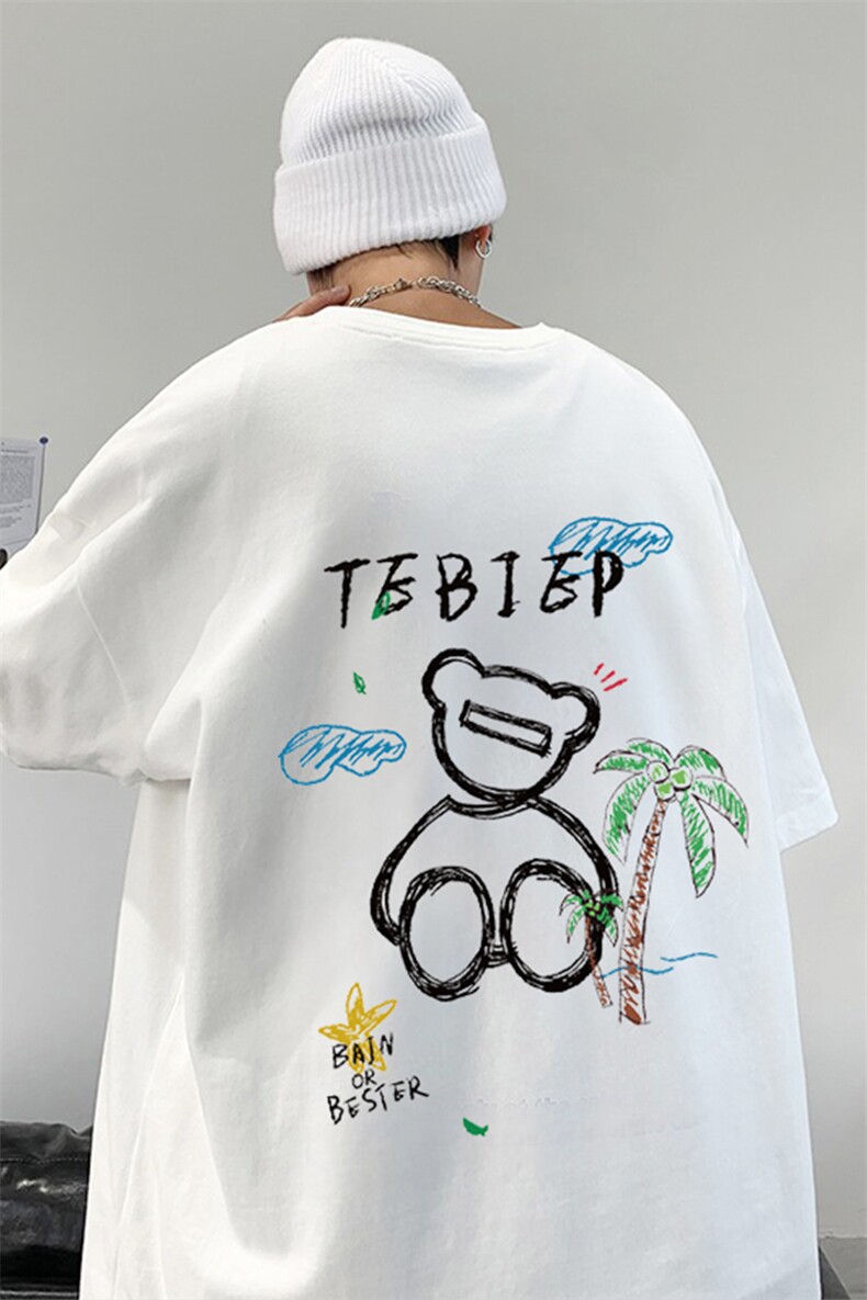 T533P26夏季新款港风纯棉短袖T恤ins衣服宽松半袖体恤小熊上衣,男装T恤,星座304A