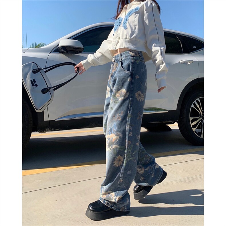 N8616彩绘牛仔裤女阔腿裤印花裤潮流设计感小众拖地裤P59,男装牛仔裤,星座309B-2