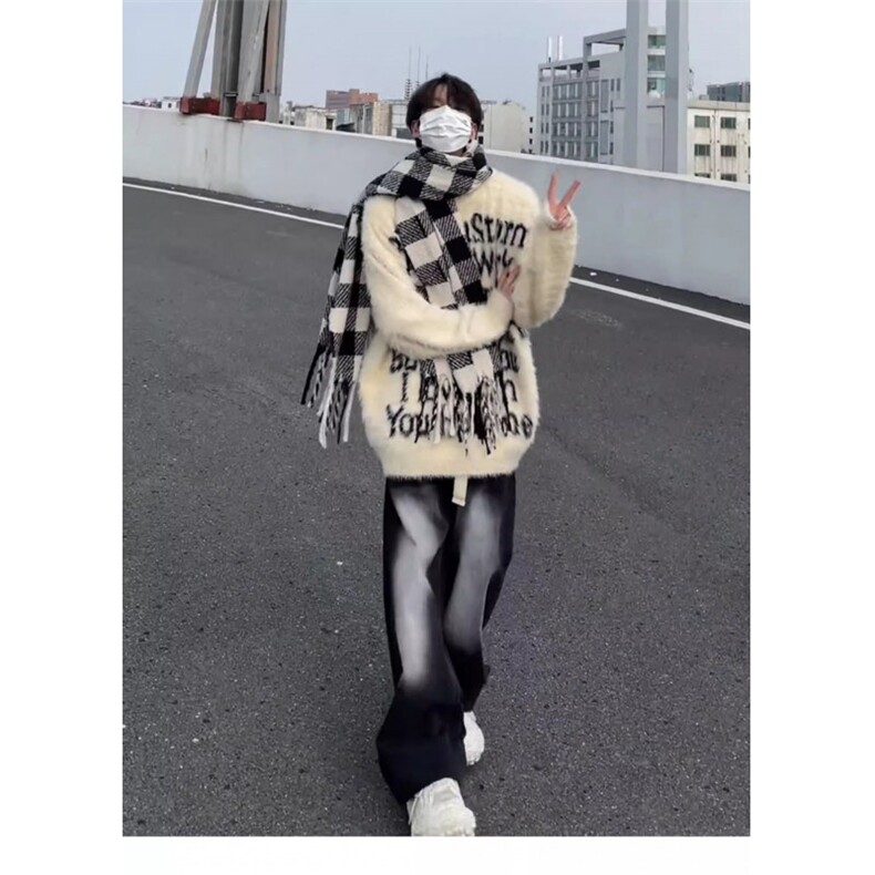 美式复古英文字母毛衣男潮高级感慵懒风软糯海马毛针织衫加厚外套,男装针织衫/毛衣,四季星座505