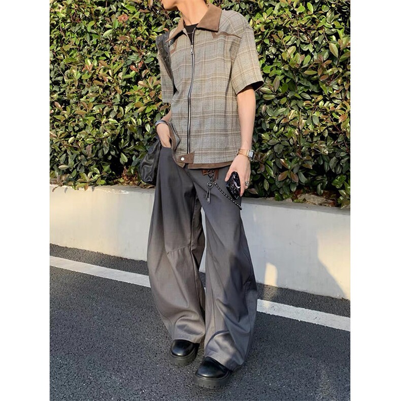 自制~高品质千鸟格拼皮领解构短袖休闲衬衫CS7798P55,男装T恤,星座908