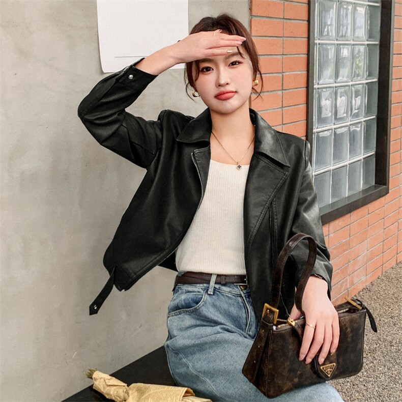 韩系穿搭chic超好看黑色皮衣外套女春秋季小个子高级感短款皮夹克，女装皮衣，欣美人