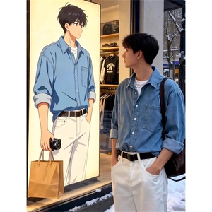 现货 春季牛仔衬衫男高级韩版潮流cleanfit上衣长袖衬衣WLC70-P45图片