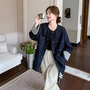 条纹拼接韩系复古牛仔工装外套女2025年秋季新款设计感圆领上衣潮图片