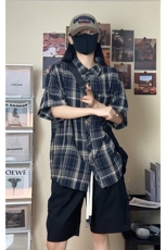 韩版潮流复古格子大码翻领短袖衬衫内搭外套DC2223-P24【特价】，男装T恤，电商A007