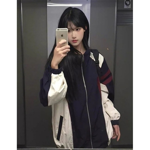 拼接撞色翻领夹克男女春秋新款宽松休闲运动外套上衣 JF93图片