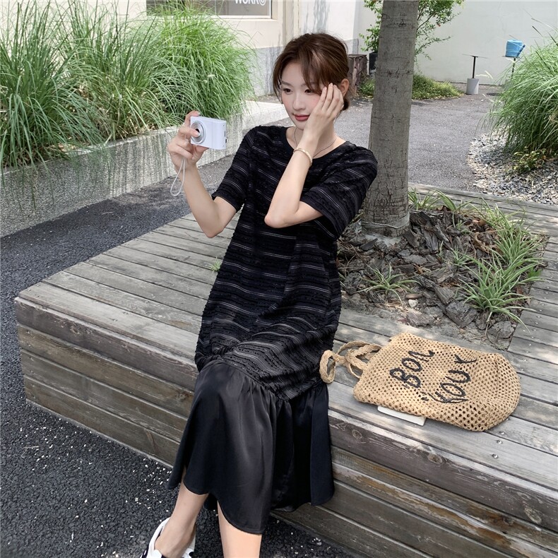 条纹拼接雪纺黑色连衣裙可甜可盐宽松短袖2025夏季新款裙子小个子,女装连衣裙,2C129