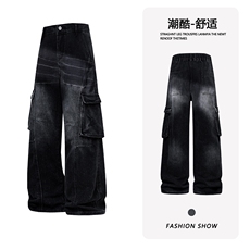 B221美式ins高街暗黑宽松直筒竹节纹工装牛仔裤LK26614-特P55控98，男装牛仔裤，电商B221