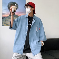 2025夏季新款纯色潮流文艺男短袖时尚牛仔衬衫C1361P45，男装衬衫，星座1108