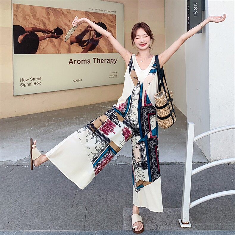 法式波西米亚风连体裤女2025年夏季新款韩系松弛感穿搭休闲阔腿裤,女装连衣裙,2C123