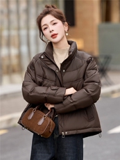 现货！无帽立领保暖白鸭绒羽绒服女PU皮免洗上衣，女装羽绒服，沐七七