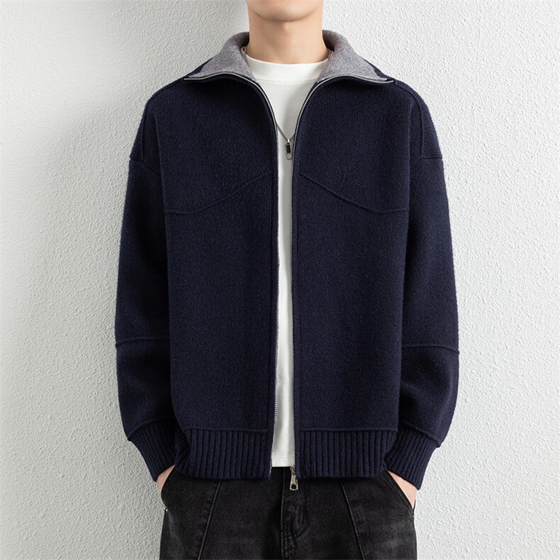 25851-特P70秋季时尚翻领毛衣开衫男针织衫撞色简约开衫外套，男装针织衫/毛衣，电商D310B