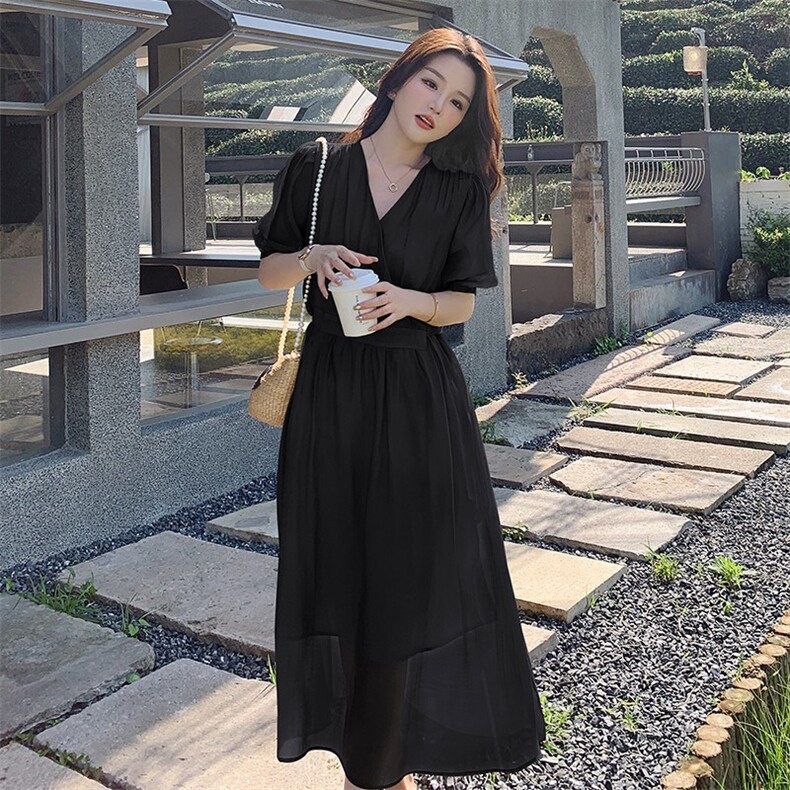 泡泡袖气质名媛V领连衣裙女夏季2025新款高级感收腰显瘦天丝长裙,女装连衣裙,浙宝305