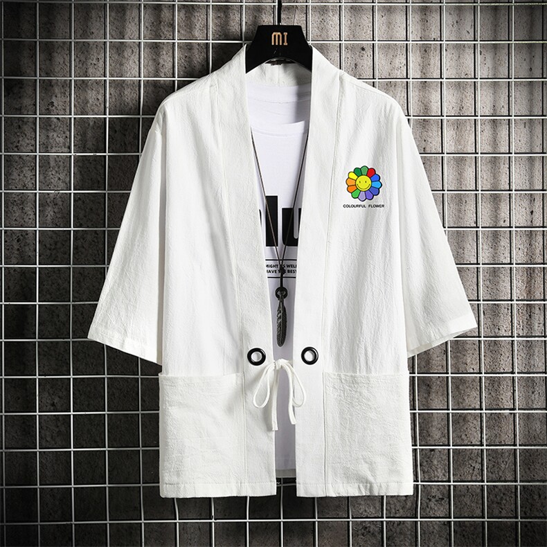 HF59101-P40风汉服男开衫外套七分袖道袍网格挂拍,男装民族服装,电商A040A