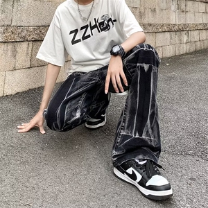 新款高街美式裤子欧美复古黑色扎染牛仔裤Z8816P43图片