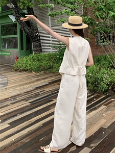 老钱风亚麻西装马甲阔腿两件套女2026新款夏季薄款透气高级感套装图片