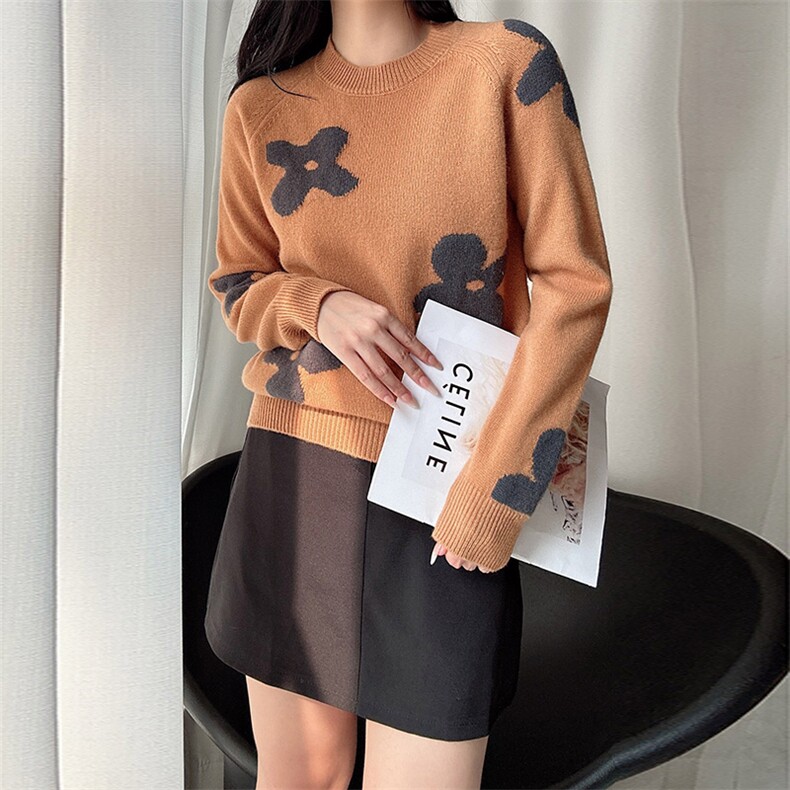 羊毛衫女圆领套头宽松加厚毛衣秋冬新款拼色提花针织衫，女装羊毛衫，臻纶羊绒